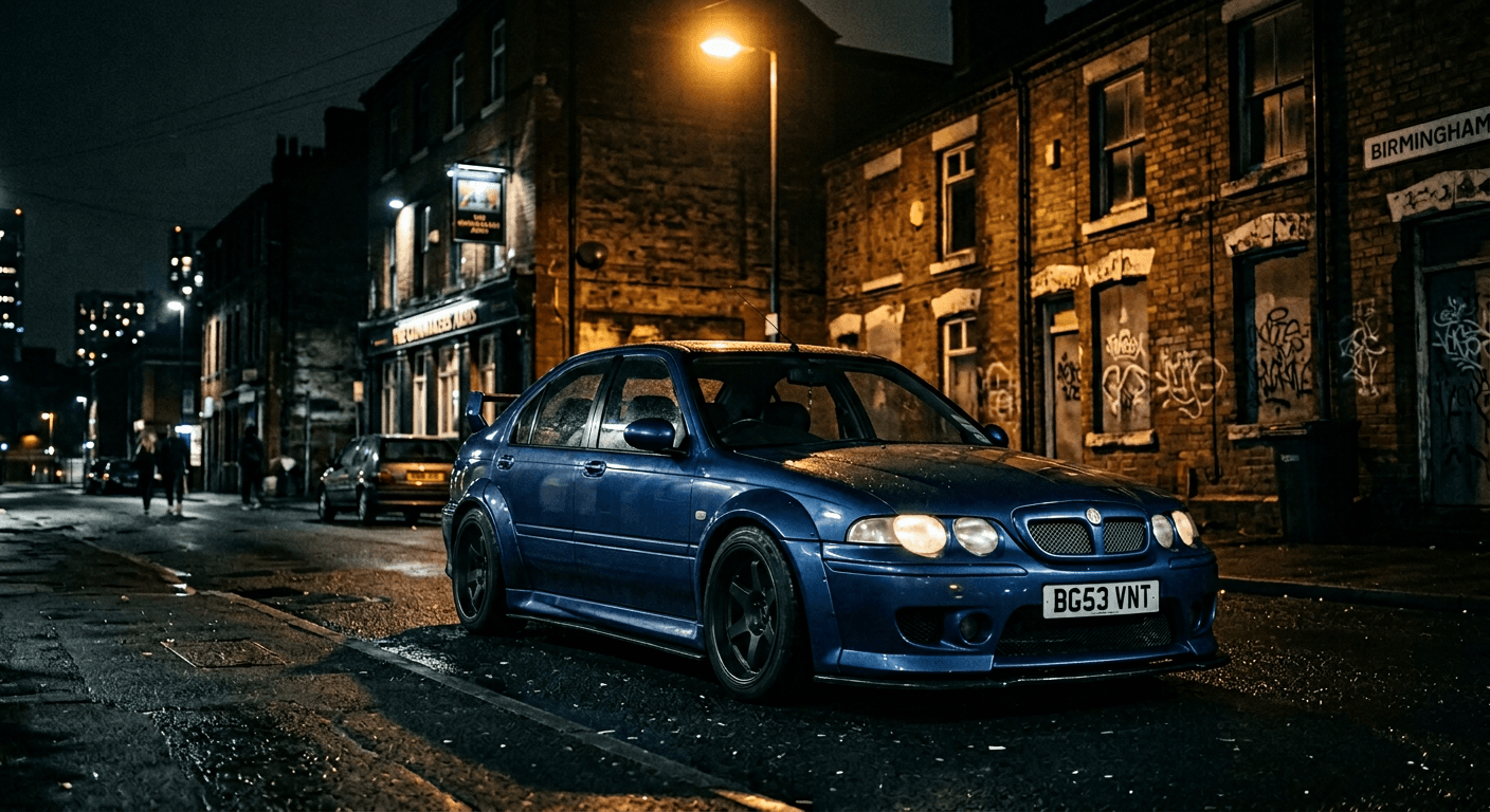 Rover MG on a wet city street at night